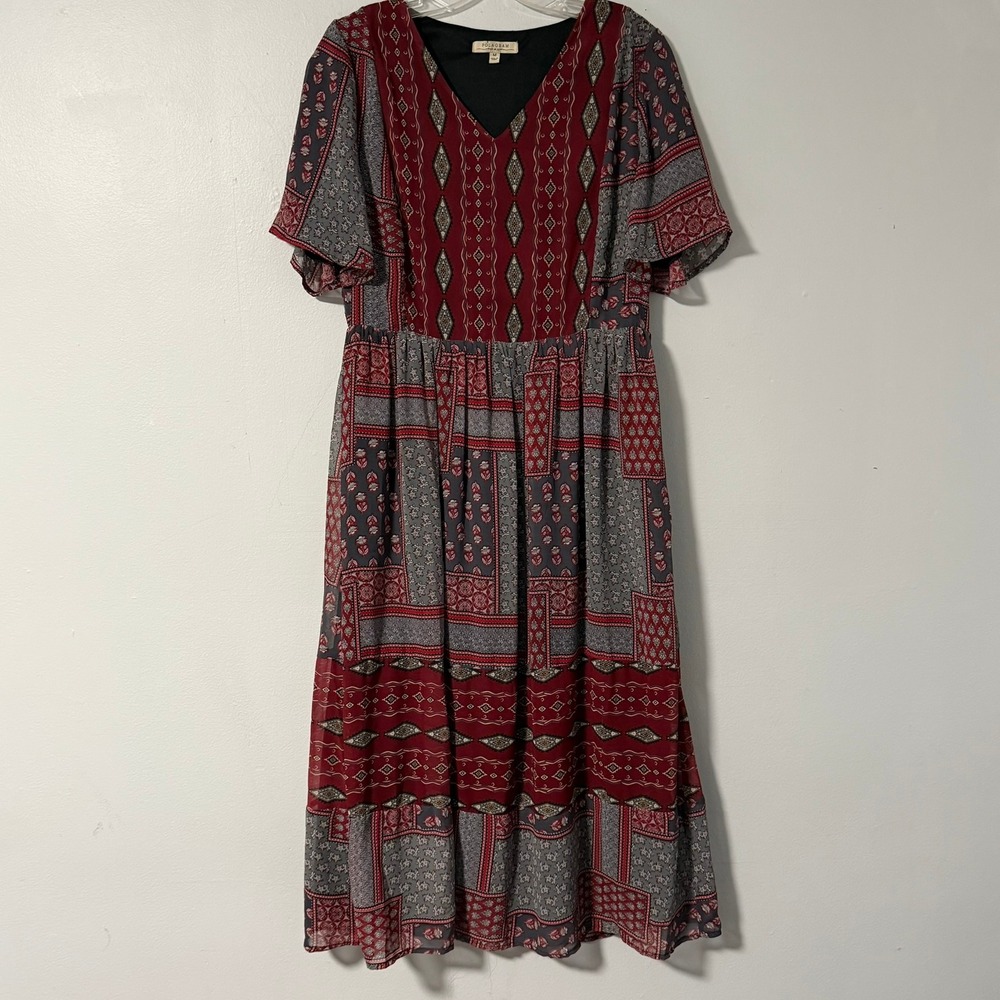 POLAGRAM Women's Midi Dress M Red Gray Patchwork Boho Flutter‎ Sleeve V Neck